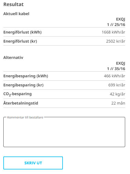 Här visas resultaten av jämförelsen av kabelalternativ vid energieffektivitetsberäkning i EL-VIS Kabel.